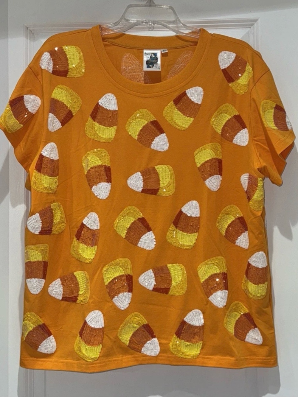🎃Fabulous Queen Of Sparkles M (Oversized) Candy Corn Sequined Tee EUC